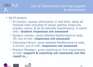 Eg PI project: PI mentor: passes information in real time; takes all fictional roles including PI senior partner (instructs, praises, warns, & cd be ethically treacherous), e-comm only:  student responses are assessed Surgery mentor: gives detailed feedforward on task, f2f,  out of role:  responses not assessed Discussion forum: gives detailed feedforward on task, e-comm,  out of role:  responses not assessed Practice Manager: gives coaching on firm experiences,  in role :  support & coaching not assessed, but the result is … u se of interleaved learning support & assessment 