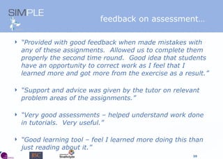 “ Provided with good feedback when made mistakes with any of these assignments.  Allowed us to complete them properly the second time round.  Good idea that students have an opportunity to correct work as I feel that I learned more and got more from the exercise as a result.” “ Support and advice was given by the tutor on relevant problem areas of the assignments.” “ Very good assessments – helped understand work done in tutorials.  Very useful.” “ Good learning tool – feel I learned more doing this than just reading about it.” feedback on assessment… 