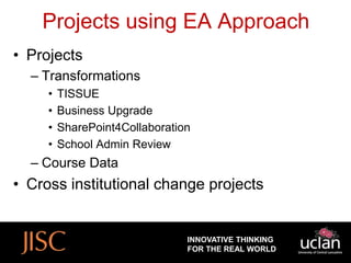 Projects using EA Approach
• Projects
  – Transformations
     •   TISSUE
     •   Business Upgrade
     •   SharePoint4Collaboration
     •   School Admin Review
  – Course Data
• Cross institutional change projects


                                INNOVATIVE THINKING
                                FOR THE REAL WORLD
 