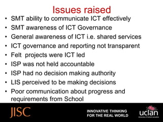 Issues raised
•   SMT ability to communicate ICT effectively
•   SMT awareness of ICT Governance
•   General awareness of ICT i.e. shared services
•   ICT governance and reporting not transparent
•   Felt projects were ICT led
•   ISP was not held accountable
•   ISP had no decision making authority
•   LIS perceived to be making decisions
•   Poor communication about progress and
    requirements from School
                              INNOVATIVE THINKING
                              FOR THE REAL WORLD
 