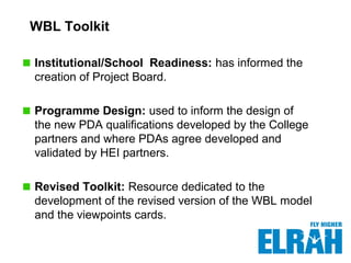 WBL Toolkit
Institutional/School Readiness: has informed the
creation of Project Board.
Programme Design: used to inform the design of
the new PDA qualifications developed by the College
partners and where PDAs agree developed and
validated by HEI partners.
Revised Toolkit: Resource dedicated to the
development of the revised version of the WBL model
and the viewpoints cards.
 