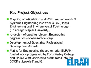Key Project Objectives
Mapping of articulation and WBL routes from HN
Systems Engineering into Year 3 BA (Hons)
Engineering and Environmental Technology
(Edinburgh Napier University)
re-design of existing relevant Engineering
degrees for work-based delivery
Development of Specialist Professional
Development Awards
Maths for Engineering (based on prior ELRAH-
funded work progressed by Forth Valley College
and Heriot-Watt University) credit rated into the
SCQF at Levels 7 and 8
 