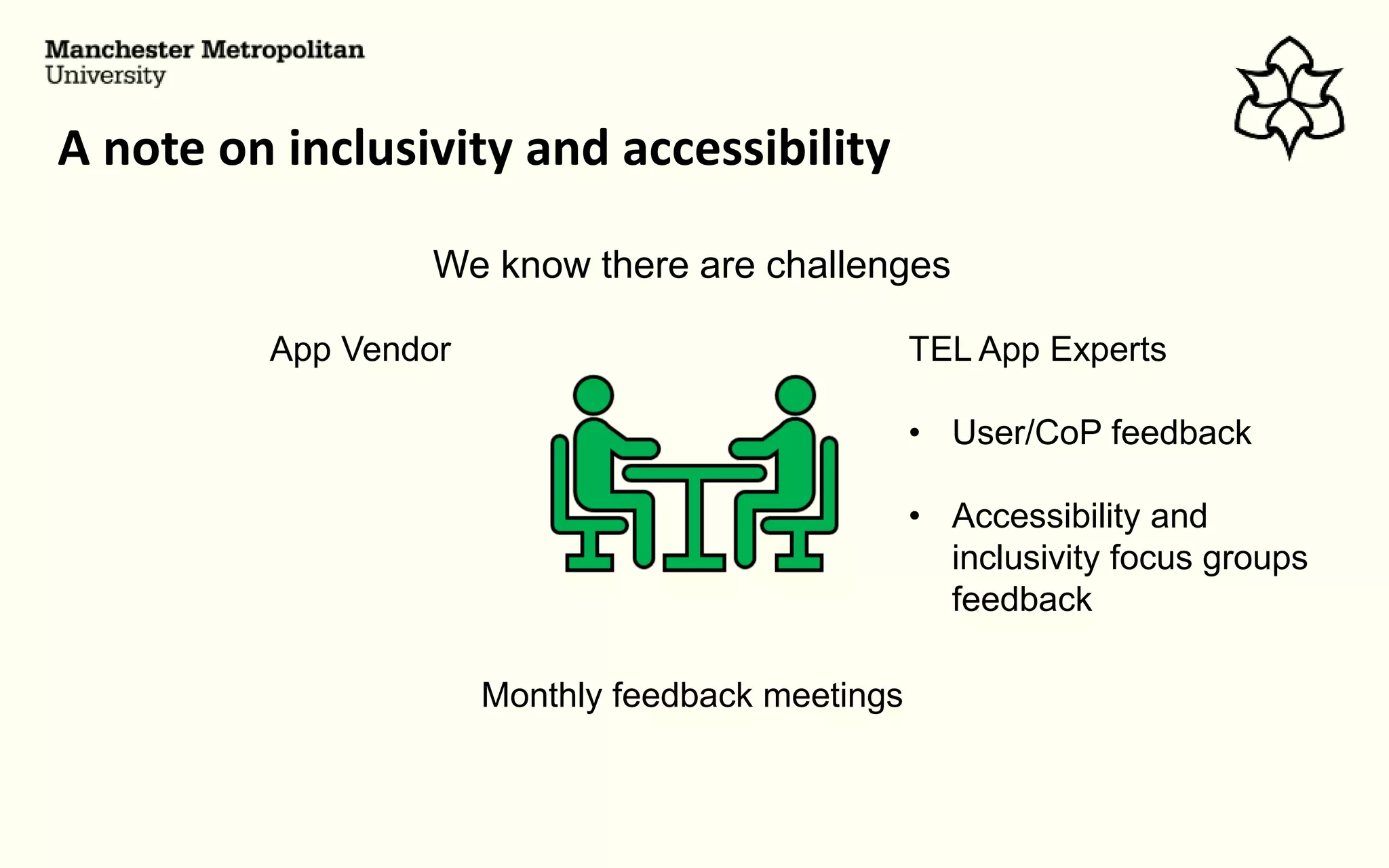 A note on inclusivity and accessibility
We know there are challenges
TEL App Experts
• User/CoP feedback
• Accessibility and
inclusivity focus groups
feedback
App Vendor
Monthly feedback meetings
 