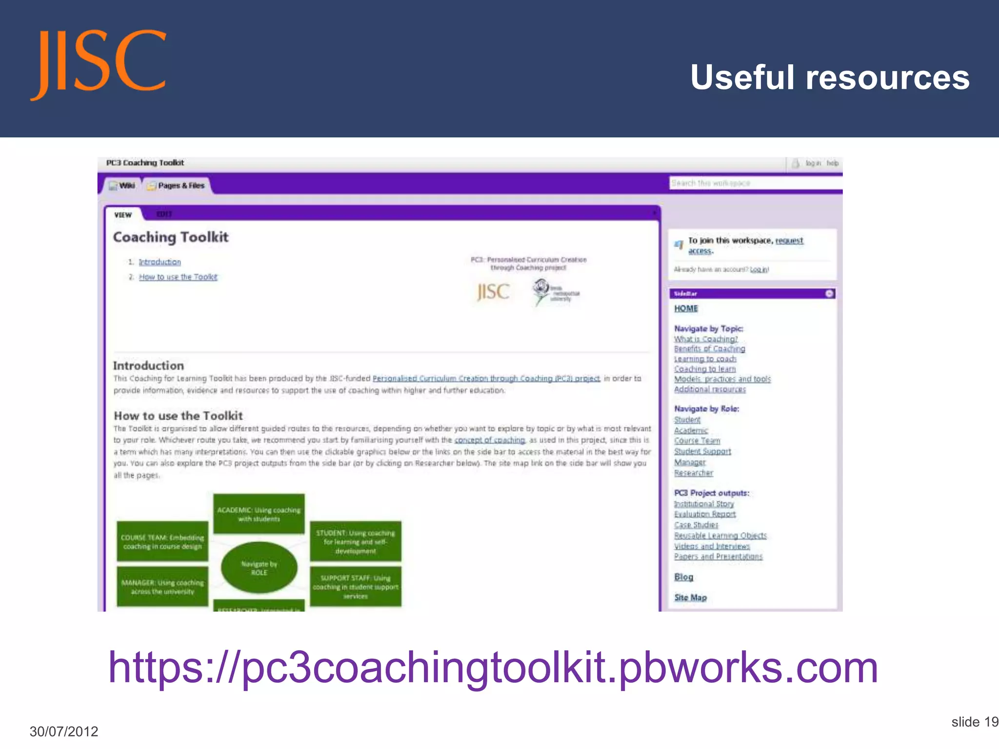 Useful resources




             https://pc3coachingtoolkit.pbworks.com
                                                       slide 19
30/07/2012
 