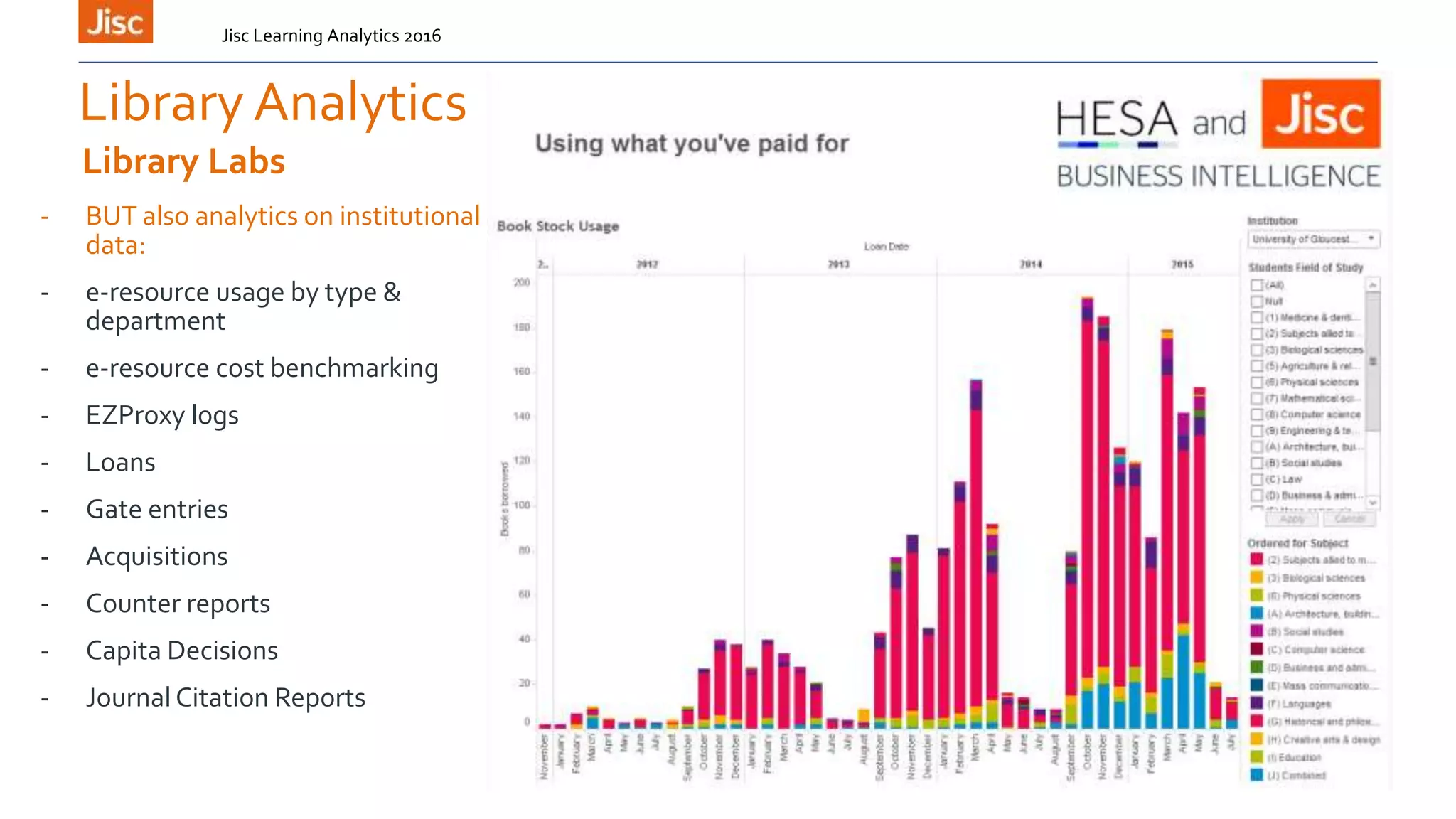 Library Analytics
Jisc Learning Analytics 2016
Library Labs
- BUT also analytics on institutional
data:
- e-resource usage by type &
department
- e-resource cost benchmarking
- EZProxy logs
- Loans
- Gate entries
- Acquisitions
- Counter reports
- Capita Decisions
- Journal Citation Reports
 
