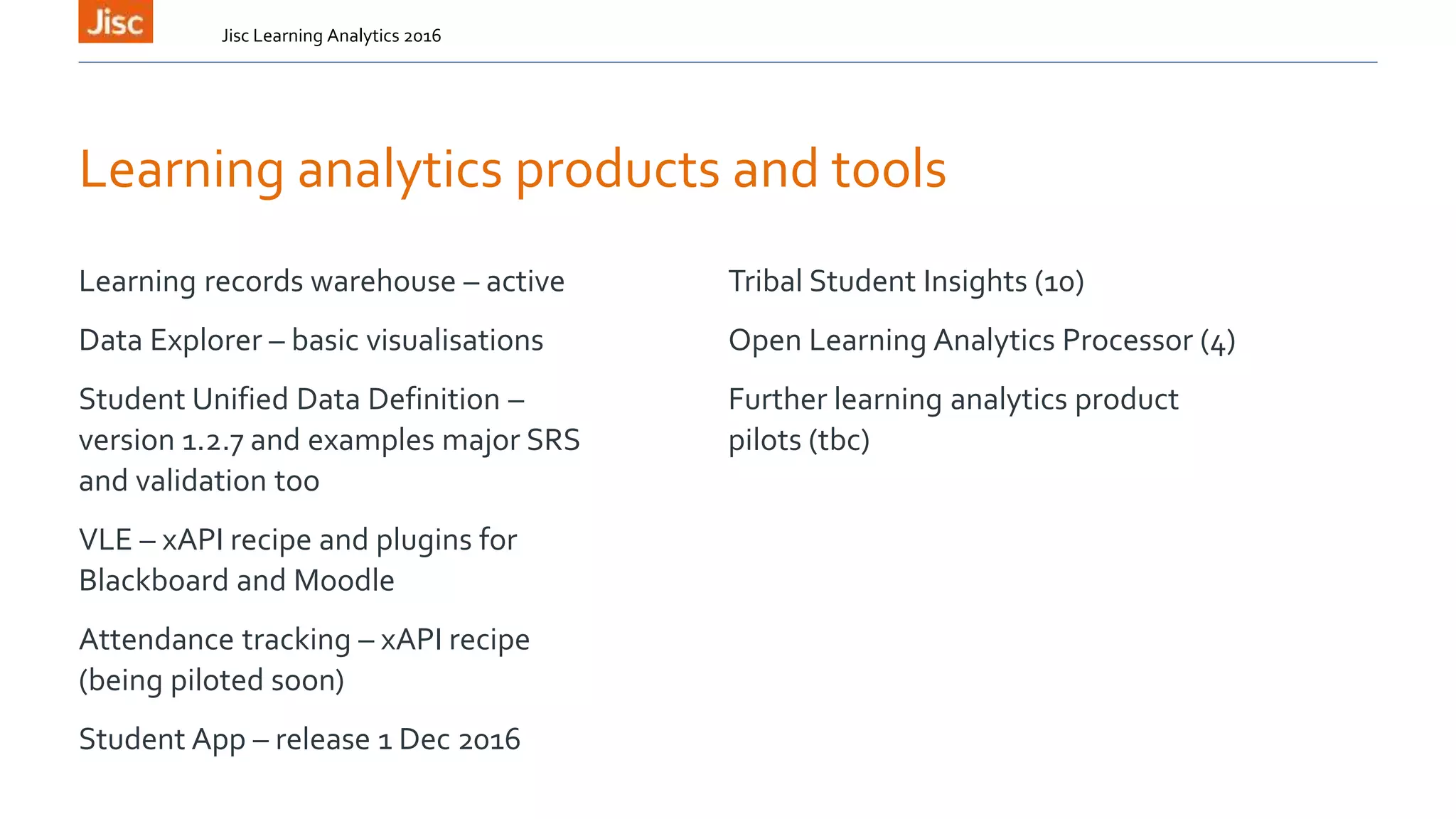Learning analytics products and tools
Learning records warehouse – active
Data Explorer – basic visualisations
Student Unified Data Definition –
version 1.2.7 and examples major SRS
and validation too
VLE – xAPI recipe and plugins for
Blackboard and Moodle
Attendance tracking – xAPI recipe
(being piloted soon)
Student App – release 1 Dec 2016
Jisc Learning Analytics 2016
Tribal Student Insights (10)
Open Learning Analytics Processor (4)
Further learning analytics product
pilots (tbc)
 