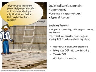Piecemeal
Many
Few
Self
Social
OER
OEP
• Reuses OER produced externally
• Integrates OER into core teaching
• Tweaks OER
• Attributes the creator
Logistical barriers remain:
• Discoverability
• Quantity and quality of OER
+ Types of licences
Strategic
Original image geezaweezer cc by; adapted by Joanna Wild ©2012 licensed cc by
Underpinning
Step 1: Understanding
Step 2: Need
Piecemeal
Enabling factors:
• Support in searching, selecting and correct
attribution
• Technical solutions for clustering and
sharing OER found elsewhere (logistical)
“If you involve the library,
you’re likely to get a list of 6
or 8 resources which you
might look at and decide
that may be 3 or 4 are
suitable”
 