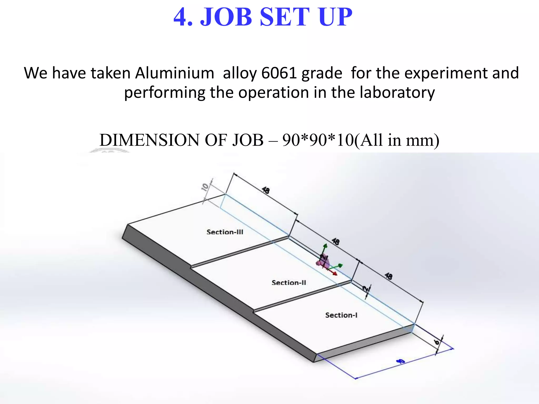 4. JOB SET UP
We have taken Aluminium alloy 6061 grade for the experiment and
performing the operation in the laboratory
DIMENSION OF JOB – 90*90*10(All in mm)
 