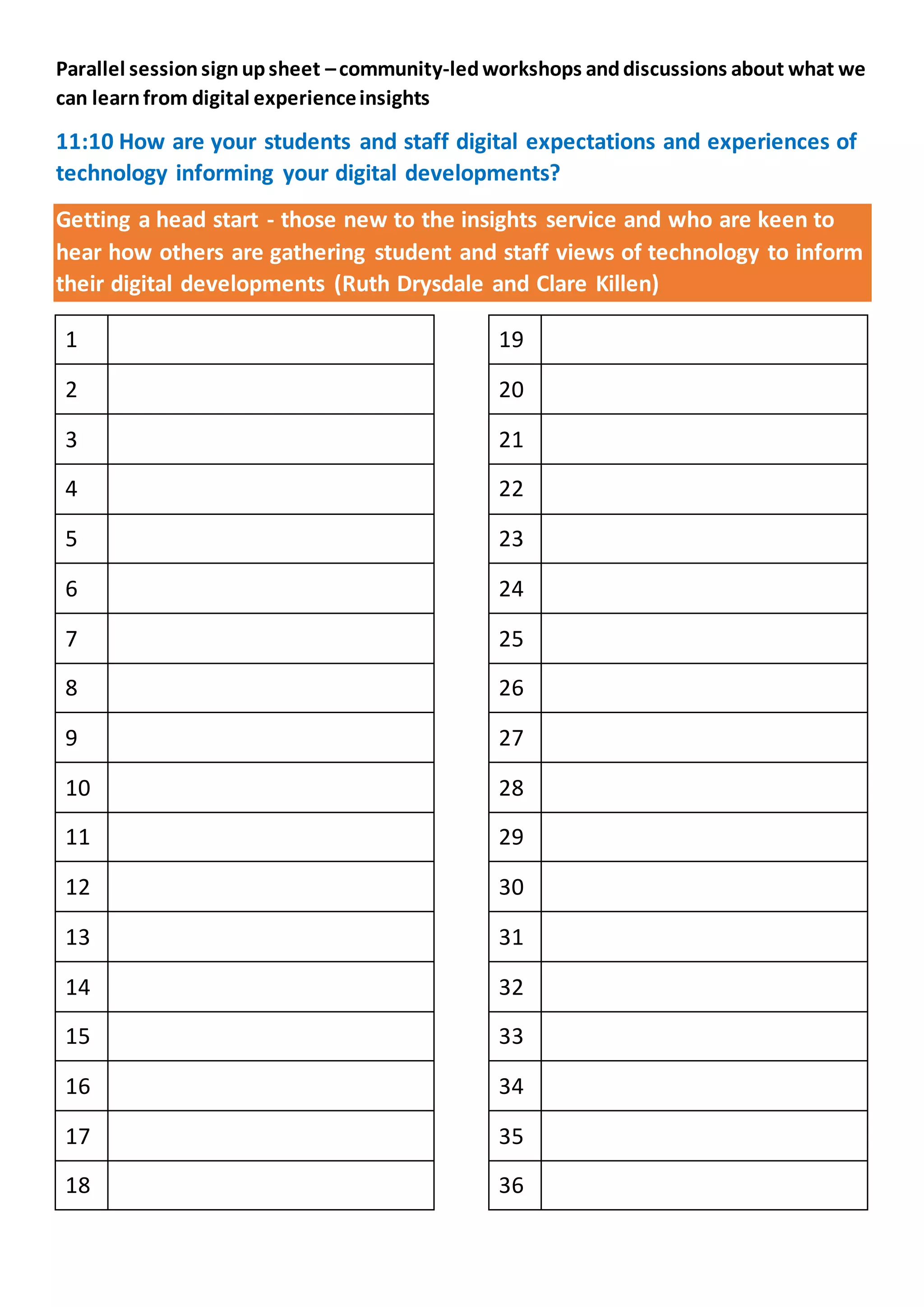 Parallel sessionsignupsheet –community-ledworkshops anddiscussions about what we
can learnfrom digital experienceinsights
11:10 How are your students and staff digital expectations and experiences of
technology informing your digital developments?
Getting a head start - those new to the insights service and who are keen to
hear how others are gathering student and staff views of technology to inform
their digital developments (Ruth Drysdale and Clare Killen)
1
2
3
4
5
6
7
8
9
10
11
12
13
14
15
16
17
18
19
20
21
22
23
24
25
26
27
28
29
30
31
32
33
34
35
36
 
