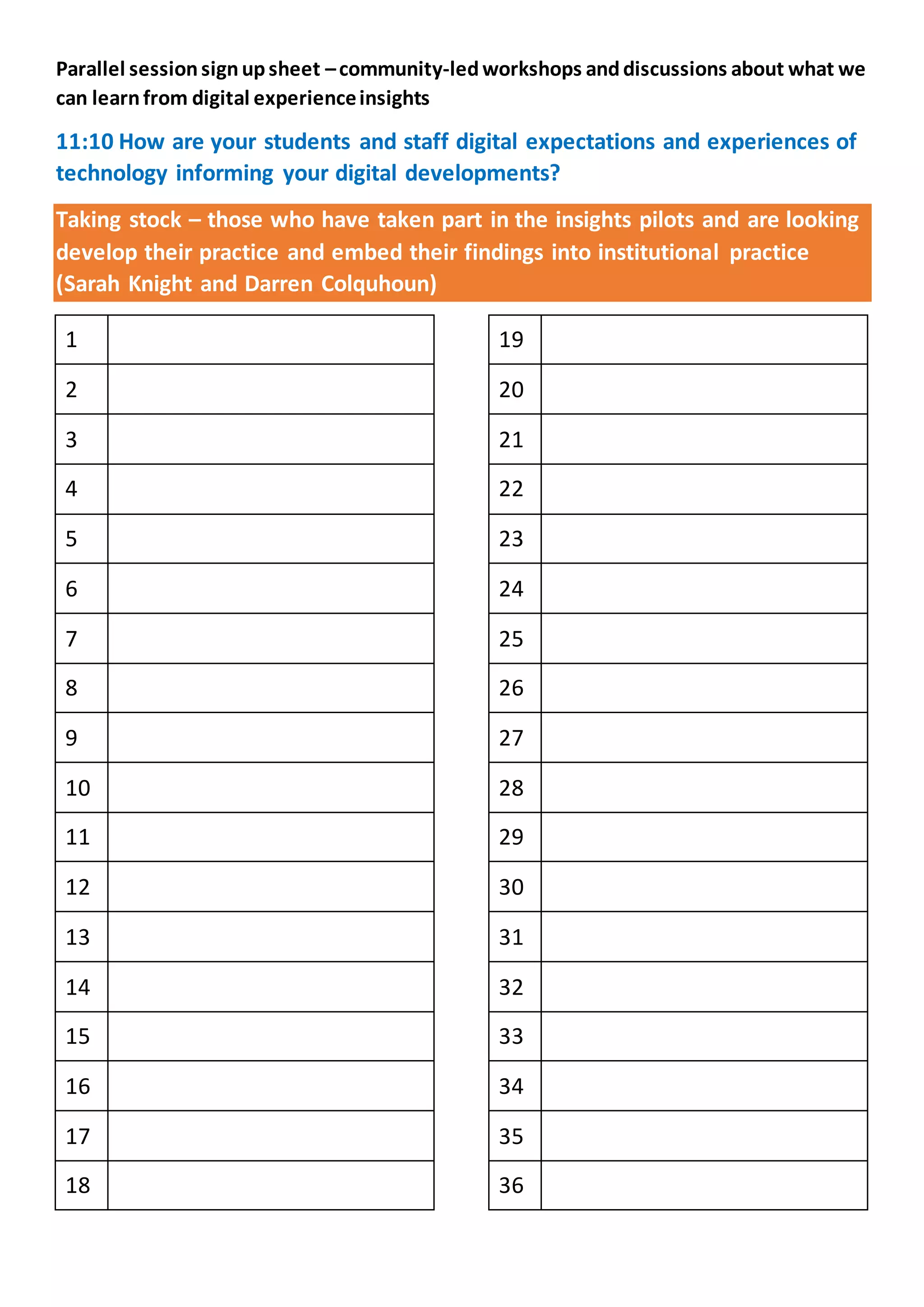 Parallel sessionsignupsheet –community-ledworkshops anddiscussions about what we
can learnfrom digital experienceinsights
11:10 How are your students and staff digital expectations and experiences of
technology informing your digital developments?
Taking stock – those who have taken part in the insights pilots and are looking
develop their practice and embed their findings into institutional practice
(Sarah Knight and Darren Colquhoun)
1
2
3
4
5
6
7
8
9
10
11
12
13
14
15
16
17
18
19
20
21
22
23
24
25
26
27
28
29
30
31
32
33
34
35
36
 