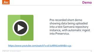 Demo
Pre-recorded short demo
showing data being uploaded
into a test Samvera repository
instance, with automatic ingest
in...