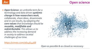 Open science
» Open Science: an umbrella term for a
technology and data driven systemic
change in how researchers work,
co...