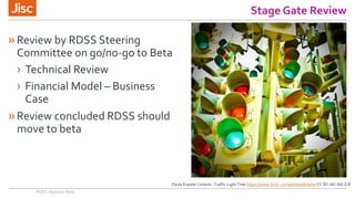 Stage Gate Review
RDSS Alpha to Beta
»Review by RDSS Steering
Committee on go/no-go to Beta
› Technical Review
› Financial Model – Business
Case
»Review concluded RDSS should
move to beta
Paola Kizette Cimenti -Traffic Light Tree https://www.flickr.com/photos/kizette CC BY-NC-ND 2.0
 