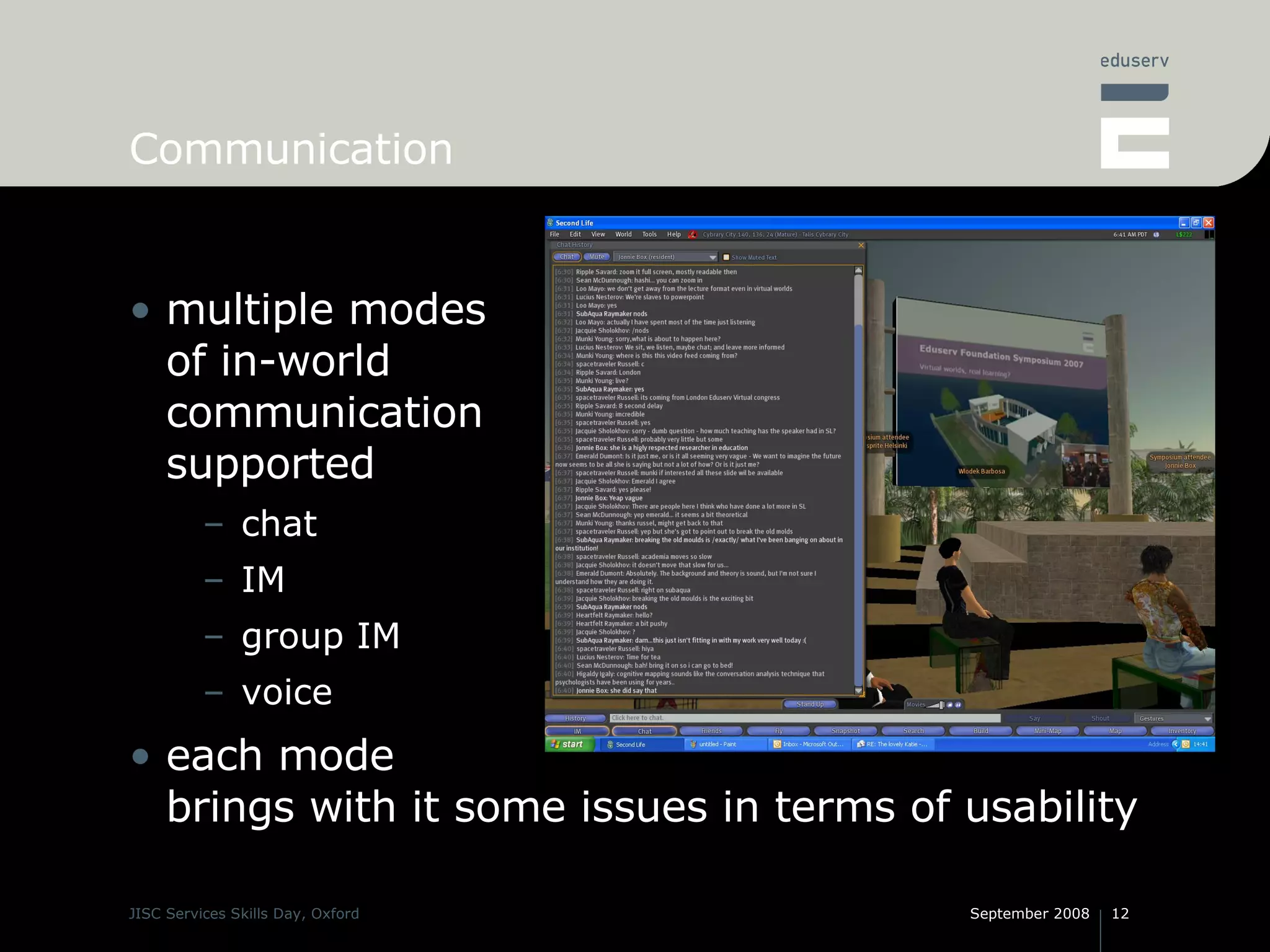 Communication multiple modes of in-world communication supported chat IM group IM voice each mode brings with it some issues in terms of usability 