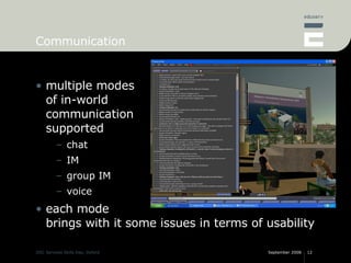 Communication multiple modes of in-world communication supported chat IM group IM voice each mode brings with it some issues in terms of usability 