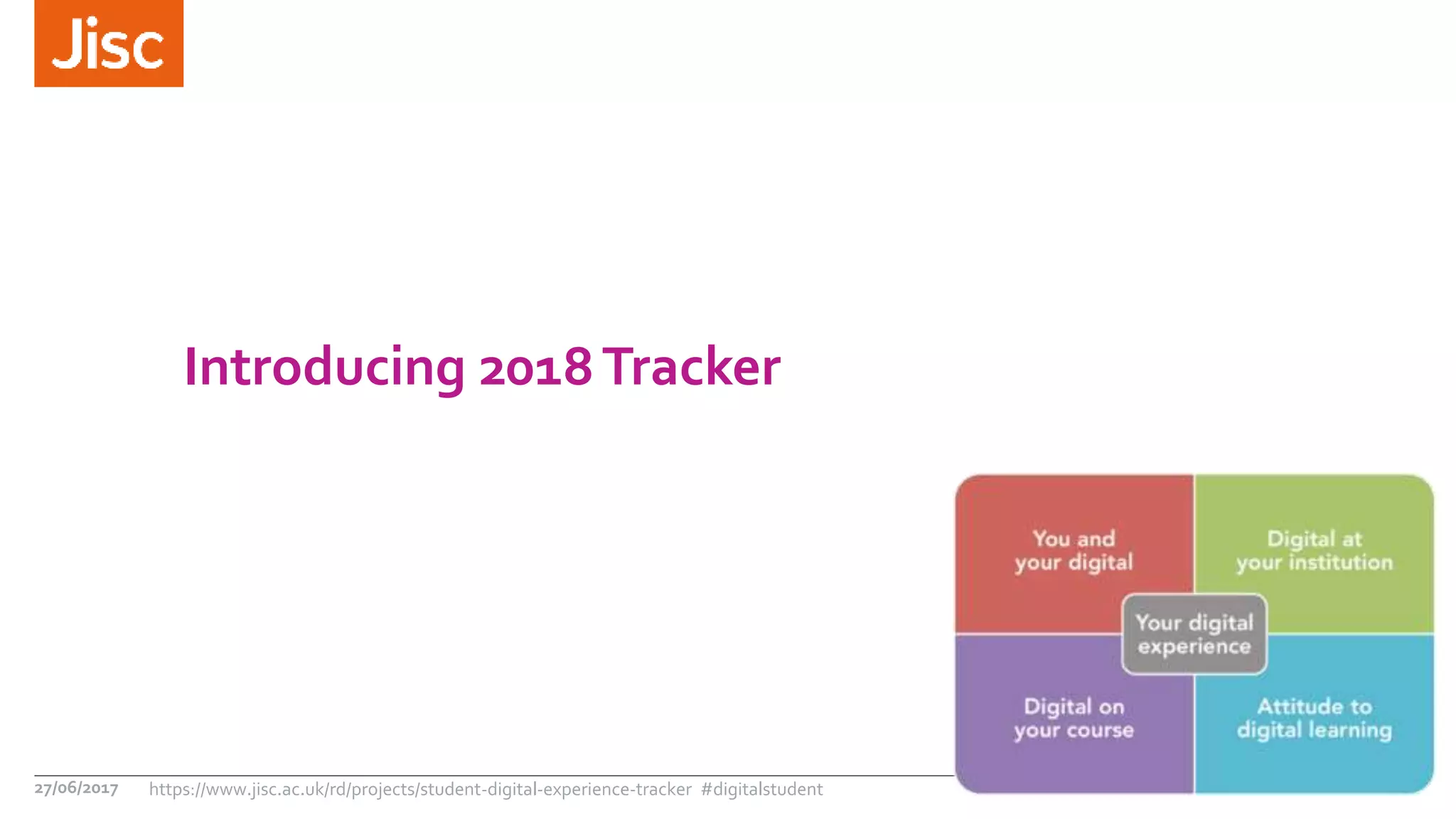 Introducing 2018Tracker
27/06/2017 https://www.jisc.ac.uk/rd/projects/student-digital-experience-tracker #digitalstudent
 