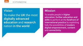Jisc Surf Knowledge Exchange
Mission
To enable people in higher
education, further education and
skills to perform at the ...