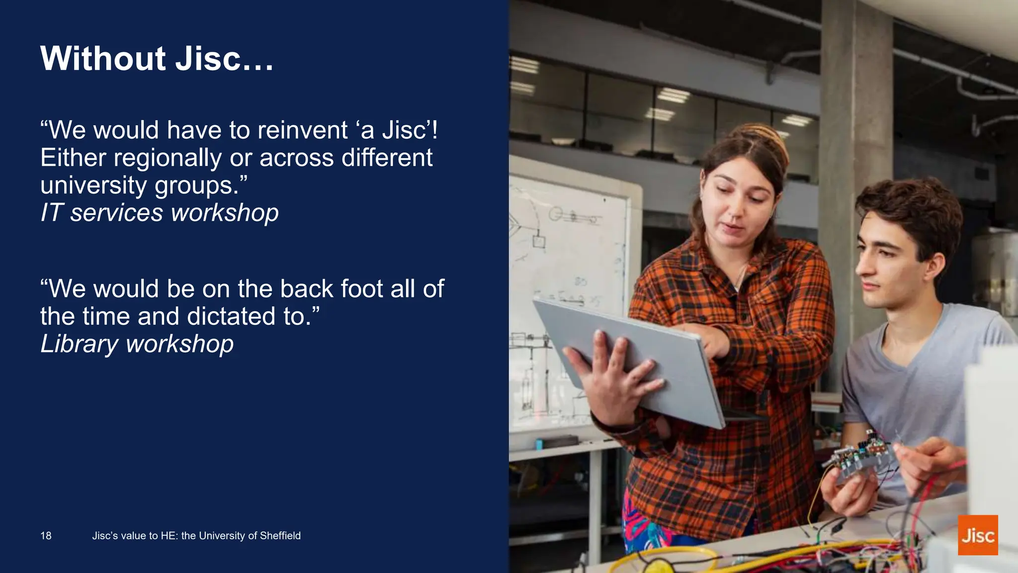 Without Jisc…
“We would have to reinvent ‘a Jisc’!
Either regionally or across different
university groups.”
IT services workshop
“We would be on the back foot all of
the time and dictated to.”
Library workshop
18 Jisc’s value to HE: the University of Sheffield
 