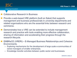 VRE Phase 3 – CRIB




 Collaborative Research In Business
 Provide a web-based VRE platform (built on Sakai) that supports
  management and business professionals in university departments and
  related organisations who are the essential links between research and
  commerce.
 Demonstrates how a VRE can be extended to include management
  research and practice with tools enabling more effective collaboration,
  sharing of information and accelerating their progress through the
  research lifecycle.
 EMBRaCE (VRERI) – E-Managed Business Relationships and Cohesive
  Environments.
    – Exploring mechanisms for the development of large scale e-communities of
      owner-managers of smaller enterprises.
    – Knowledge transfer activities between public sector and businesses.

                                                                   20/03/2012 | Slide 23
 