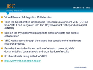 VRE Phase 3 – VRIC




 Virtual Research Integration Collaboration
 Take the Collaborative Orthopaedic Research Environment VRE (CORE)
  from VRE1 and integrated into The Royal National Orthopaedic Hospital
  (RNOH)
 Built on the myExperiment platform to share artefacts and enable
  collaboration
 VRIC walks users through the stages that constitute the health care
  research process.
 Provides tools to facilitate creation of research protocol, trials’
  documentation, data analysis and organisation of results
 33 clinical trials being added to VRIC
 http://www.vric.ecs.soton.ac.uk/

                                                                    20/03/2012 | Slide 31
 