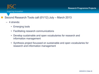 Research Programme Projects



 Second Research Tools call (01/12) July – March 2013
   – 4 strands:
       • Emerging tools
       • Facilitating research communications
       • Develop sustainable and open vocabularies for research and
         information management
       • Synthesis project focussed on sustainable and open vocabularies for
         research and information management




                                                                   20/03/2012 | Slide 40
 