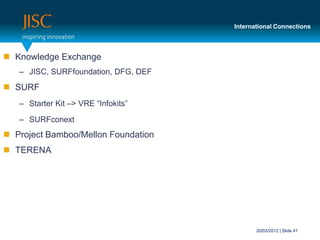 International Connections



 Knowledge Exchange
   – JISC, SURFfoundation, DFG, DEF
 SURF
   – Starter Kit –> VRE “Infokits”

   – SURFconext
 Project Bamboo/Mellon Foundation
 TERENA




                                             20/03/2012 | Slide 41
 