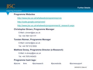 Further Details


Programme Websites
    http://www.jisc.ac.uk/whatwedo/programmes/vre
    http://code.google.com/p/vreri/
    http://www.jisc.ac.uk/whatwedo/programmes/di_research.aspx
Christopher Brown, Programme Manager
      E-Mail: c.brown@jisc.ac.uk
      Tel: +44 7891 501177

Torsten Reimer, Programme Manager
      E-Mail: t.reimer@jisc.ac.uk
      Tel: +44 787 512 0055

Matthew Dovey, Programme Director (e-Research)
      E-Mail: m.dovey@jisc.ac.uk
      Tel: +44 7876 445403

Programme hash tags:
#jiscvre   #vre        #jiscresearch   #jiscrestools     #jiscressupport

                                                                 20/03/2012 | Slide 42
 