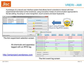 VRERI - AMI
A prototype of a natural user interface system that allows bench scientists to interact with their
experimental information at the fumehood, using innovative modes of communication appropriate to
the lab setting, focusing on voice recognition, touch-screens and laser keyboards.

Log in using ID badge
(Touch-A-Tag RFID reader)

The Ami experiment selection screen

All chemicals and apparatus
tagged with an RFID tag

http://amiproject.wordpress.com
The Ami event log screen
20/11/2013

slide 12

 