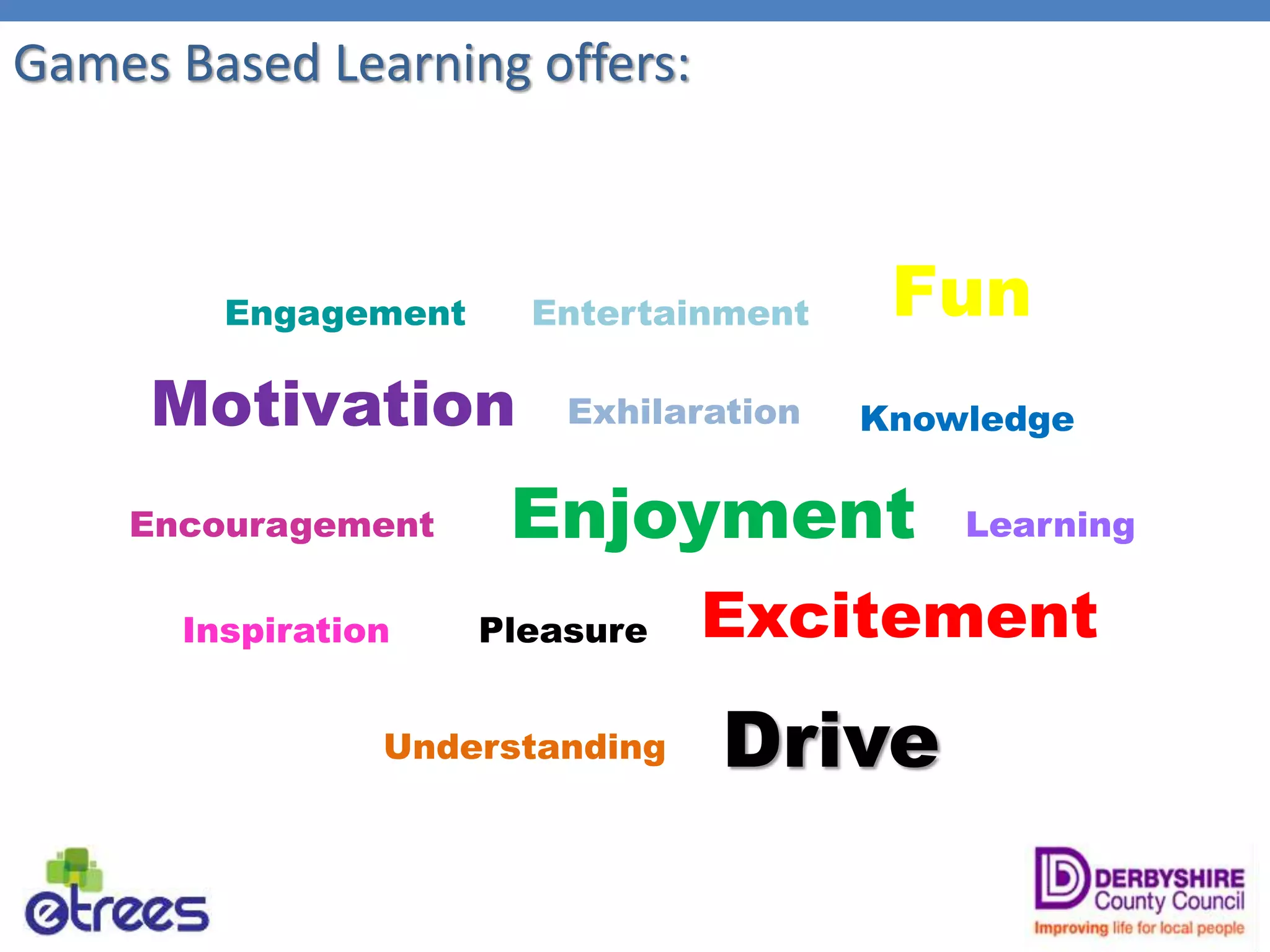 Encouragement Learning
Exhilaration
Excitement
Motivation
Inspiration
Knowledge
Pleasure
Understanding
Engagement
Drive
Entertainment
Enjoyment
Fun
Games Based Learning offers:
 