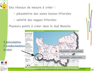 26Changement climatique en Sud-Manche DREAL Normandie
Des réseaux de mesure à créer :
- piézométrie des zones basses littorales
- salinité des nappes littorales
Plusieurs points à créer dans le Sud Manche
Piézométrie : point existant
Piézométrie : point à créer
5 piézomètres
5 conductimètres
à créer
 