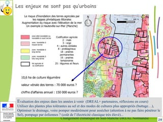 28Changement climatique en Sud-Manche DREAL Normandie
Les enjeux ne sont pas qu’urbains
Evaluation des enjeux dans les années à venir (DREAL+ partenaires, réflexions en cours)
Utiliser des plantes plus tolérantes au sel et des modes de cultures plus appropriés (buttage…),
Optimiser le drainage, voire pomper modérément pour assécher (attention à ne pas faire pénétrer le
Sel), pompage par éoliennes ? (coût de l’électricité classique très élevé)...
 