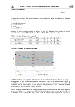 PROJECT DESIGN DOCUMENT FORM (CDM PDD) - Version 03.1.

CDM – Executive Board

                                                                                                              page 12




For the proposed project, four parameters were selected as sensitive factors to check out the financial
attractiveness:

1)   Static Total Investment
2)   Power Generation
3)   Tariff
4)   Annual O&M Cost

Assuming the above four factors vary in the range of -10% to 10%, the project IRR ( without the income
from CERs sales) varies to different extents as shown in Table B-6 and Figure B-1 below.

Table B-6 Results of the sensitivity analysis
                                           -10.00%          -5.00%      0.00%         5.00%          10.00%
           Static Total Investment          7.96%            7.20%      6.51%         5.87%          5.21%
             Power Generation               4.93%            5.78%      6.51%         7.22%           7.92%
                    Tariff                  4.93%           5.78%       6.51%         7.22%          7.92%
             Annual O&M Cost                6.79%            6.65%      6.51%         6.36%          6.22%



Figure B-1 Results of the sensitivity analysis

                                                     9%

                                                     8%

                                                     7%
     IRR




                                                     6%

                                                     5%

                                                     4%
           -1 0%                     -5%               0%               5%                    1 0%


                      St at i c Tot al I nvest ment             Power Gener at i on
                      Tar i ff                                  Annual O&M Cost



The total investment is an important factor affecting the financial attractiveness of the proposed project.
In the case that the total investment decreases by more than 10%, IRR of the proposed project begins to
exceed the benchmark. However, most of the total investment is related to purchasing raw materials and
equipments and the trend of price for raw materials and equipments is rising. Therefore, the total
investment is not likely to decrease by more than 10%.

Another important factor affecting the financial attractiveness is power generation. The output of power
generation is subject to two factors, namely, the total installed capacity and the annual operational hours.
As the total installed capacity has already been fixed, the output of power generation lies only in
 