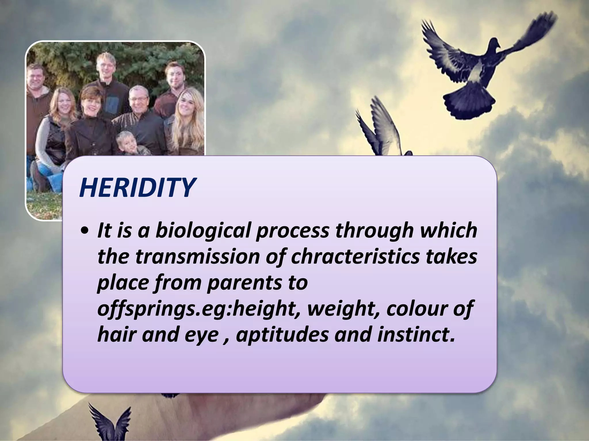 HERIDITY
• It is a biological process through which
the transmission of chracteristics takes
place from parents to
offsprings.eg:height, weight, colour of
hair and eye , aptitudes and instinct.
 