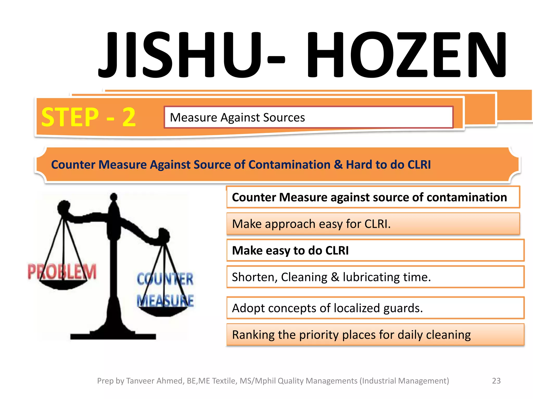 JISHU- HOZEN
STEP - 2

Measure Against Sources

Counter Measure Against Source of Contamination & Hard to do CLRI
Counter Measure against source of contamination

Make approach easy for CLRI.
Make easy to do CLRI
Shorten, Cleaning & lubricating time.
Adopt concepts of localized guards.
Ranking the priority places for daily cleaning

Prep by Tanveer Ahmed, BE,ME Textile, MS/Mphil Quality Managements (Industrial Management)

23

 