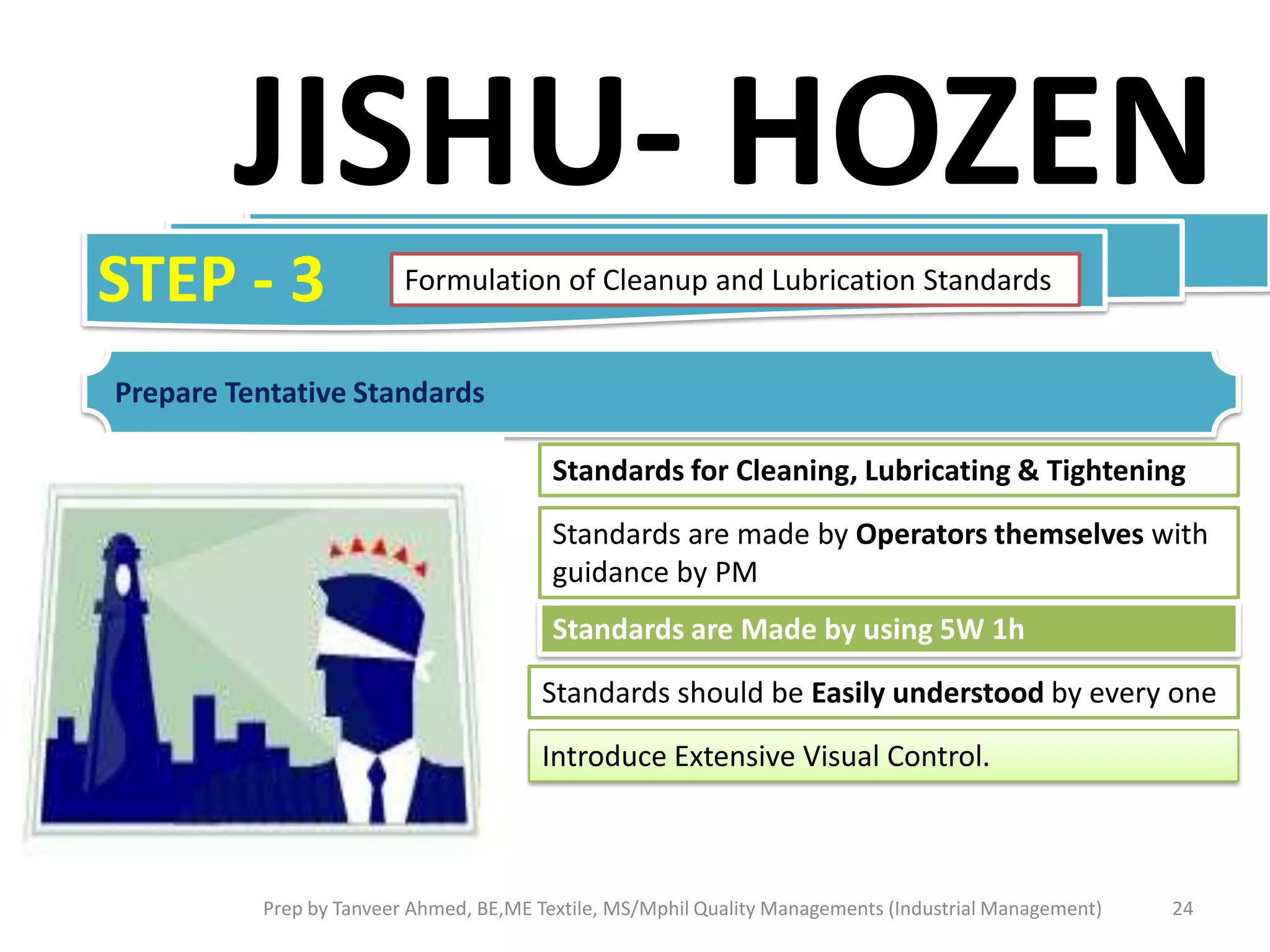JISHU- HOZEN
STEP - 3

Formulation of Cleanup and Lubrication Standards

Prepare Tentative Standards
Standards for Cleaning, Lubricating & Tightening

Standards are made by Operators themselves with
guidance by PM
Standards are Made by using 5W 1h
Standards should be Easily understood by every one

Introduce Extensive Visual Control.

Prep by Tanveer Ahmed, BE,ME Textile, MS/Mphil Quality Managements (Industrial Management)

24

 