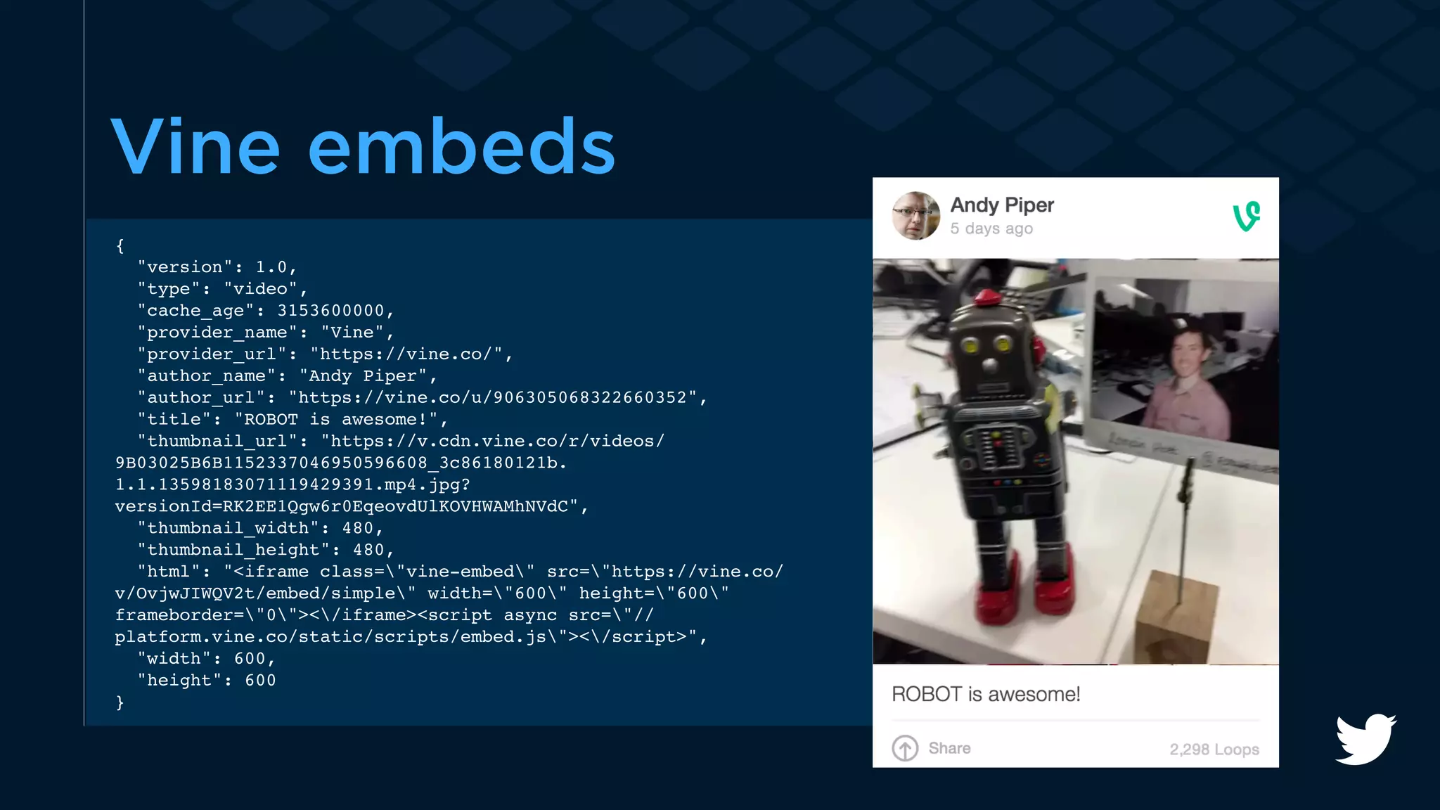 Vine embeds 
{ 
"version": 1.0, 
"type": "video", 
"cache_age": 3153600000, 
"provider_name": "Vine", 
"provider_url": "https://vine.co/", 
"author_name": "Andy Piper", 
"author_url": "https://vine.co/u/906305068322660352", 
"title": "ROBOT is awesome!", 
"thumbnail_url": "https://v.cdn.vine.co/r/videos/ 
9B03025B6B1152337046950596608_3c86180121b. 
1.1.13598183071119429391.mp4.jpg? 
versionId=RK2EE1Qgw6r0EqeovdUlKOVHWAMhNVdC", 
"thumbnail_width": 480, 
"thumbnail_height": 480, 
"html": "<iframe class="vine-embed" src="https://vine.co/ 
v/OvjwJIWQV2t/embed/simple" width="600" height="600" 
frameborder="0"></iframe><script async src="// 
platform.vine.co/static/scripts/embed.js"></script>", 
"width": 600, 
"height": 600 
} 
 