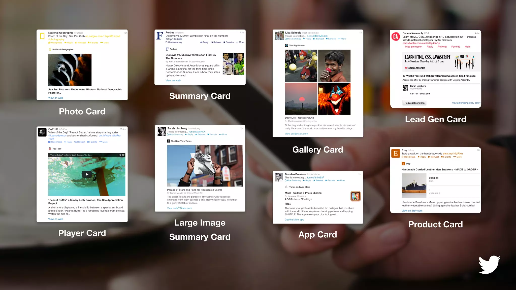 Photo Card 
Player Card 
Summary Card 
Large Image 
Summary Card 
App Card 
General Assembly @GA 
4 Jun 
Learn HTML, CSS, JavaScript in 10 Saturdays in SF — impress 
friends, potential employers, Twitter followers: 
cards.twitter.com/cards/2tg4az/1p 
Hide promotion Reply Retweet Favorite More 
10-Week Front-End Web Development Course in San Francisco 
Accept this offer by sharing your email address with General Assembly 
Sarah Lindberg 
@selindberg 
Sar***@***email.com 
Request More Info 
View advertiser privacy policy 
Lead Gen Card 
Gallery Card 
Product Card 
 