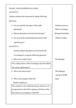 PHASE -2-DEVELOPMENTALSTAGE
ACTIVITY: 1
Teacher continues the discussion by asking following
Questions.
Can you identify the name of the credit Student answer as
Instrument? Bills of exchange.
Who are the parties involved in the role play ? Manager,Sumi,Raju
Can you tell the relationship between the seller Debtor-Creditor
and the buyer?
ACTIVITY: 2
Teacher explains the parties involved in the bill
of exchange by using the following questions.
Who is the creditor here? The Manager
“The creditor draws a bill of exchange upon the debtor
.He can be called drawer.”
Who is the drawer here? The Manager-
named as HARI.
Who is the acceptor of the bill? Sumi
Teacher explains as
“The acceptor is also called the drawer and the act of
givingconsent to the bill by signing on the face of the
bill is known as acceptance of the bill”
 