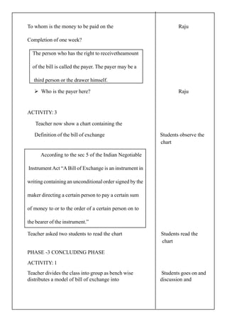 To whom is the money to be paid on the Raju
Completion of one week?
The person who has the right to receivetheamount
of the bill is called the payer. The payer may be a
third person or the drawer himself.
Who is the payer here? Raju
ACTIVITY: 3
Teacher now show a chart containing the
Definition of the bill of exchange Students observe the
chart
According to the sec 5 of the Indian Negotiable
InstrumentAct “A Bill of Exchange is an instrument in
writing containing an unconditional order signed by the
maker directing a certain person to pay a certain sum
of money to or to the order of a certain person on to
the bearer of the instrument.”
Teacher asked two students to read the chart Students read the
chart
PHASE -3 CONCLUDING PHASE
ACTIVITY: 1
Teacher divides the class into group as bench wise Students goes on and
distributes a model of bill of exchange into discussion and
 