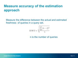 Measure accuracy of the estimation
approach
Insight Centre for Data Analytics Slide 10
n is the number of queries
Measure the difference between the actual and estimated
freshness of queries in a query set.
 