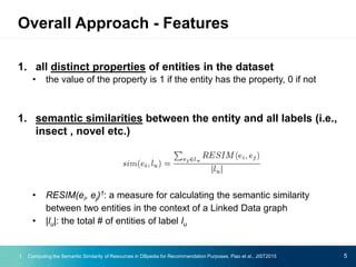 1. all distinct properties of entities in the dataset
• the value of the property is 1 if the entity has the property, 0 if not
1. semantic similarities between the entity and all labels (i.e.,
insect , novel etc.)
• RESIM(ei, ej)1: a measure for calculating the semantic similarity
between two entities in the context of a Linked Data graph
• |lu|: the total # of entities of label lu
5
Overall Approach - Features
1. Computing the Semantic Similarity of Resources in DBpedia for Recommendation Purposes, Piao et al., JIST2015
 