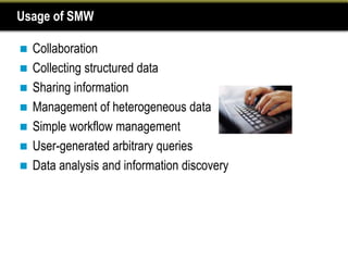 Usage of SMW

   Collaboration
   Collecting structured data
   Sharing information
   Management of heterogeneous data
   Simple workflow management
   User-generated arbitrary queries
   Data analysis and information discovery
 