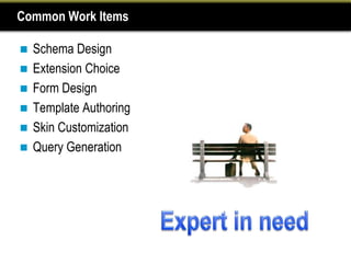 Common Work Items

   Schema Design
   Extension Choice
   Form Design
   Template Authoring
   Skin Customization
   Query Generation
 