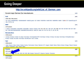 Going Deeper
        http://en.wikipedia.org/wiki/List_of_German_cars
 
