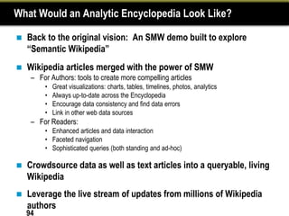 What Would an Analytic Encyclopedia Look Like?

   Back to the original vision: An SMW demo built to explore
    “Semantic Wikipedia”
   Wikipedia articles merged with the power of SMW
     – For Authors: tools to create more compelling articles
         •   Great visualizations: charts, tables, timelines, photos, analytics
         •   Always up-to-date across the Encyclopedia
         •   Encourage data consistency and find data errors
         •   Link in other web data sources
     – For Readers:
         • Enhanced articles and data interaction
         • Faceted navigation
         • Sophisticated queries (both standing and ad-hoc)

   Crowdsource data as well as text articles into a queryable, living
    Wikipedia
   Leverage the live stream of updates from millions of Wikipedia
    authors
    94
 