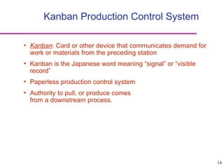 14
Kanban Production Control System
• Kanban: Card or other device that communicates demand for
work or materials from the preceding station
• Kanban is the Japanese word meaning “signal” or “visible
record”
• Paperless production control system
• Authority to pull, or produce comes
from a downstream process.
 