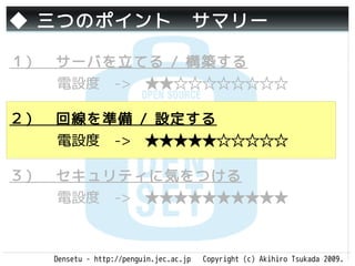 ◆ 三つのポイント　サマリー

１）　サーバを立てる / 構築する
   電設度　->　★★☆☆☆☆☆☆☆☆

２）　回線を準備 / 設定する
   電設度　->　★★★★★☆☆☆☆☆

３）　セキュリティに気をつける
   電設度　->　★★★★★★★★★★



   Densetu - http://penguin.jec.ac.jp   Copyright (c) Akihiro Tsukada 2009.
 