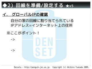 ◆2）回線を準備/設定する                                       ★x5

イ.　グローバルIPの確認
  自分の家の回線に割り当てられている
  IPアドレス=インターネット上の住所

 ※ここがポイント！
  ->

  ->



   Densetu - http://penguin.jec.ac.jp   Copyright (c) Akihiro Tsukada 2009.
 