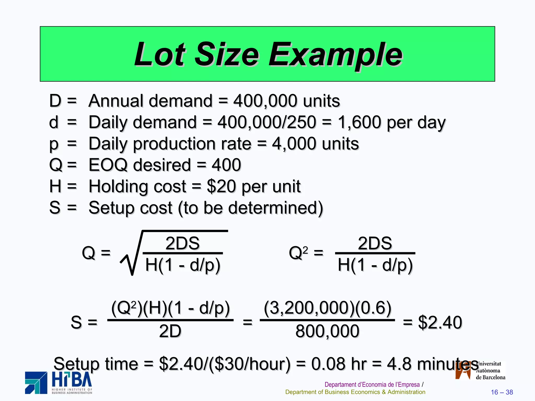 Lot Size Example D = Annual demand = 400,000 units d = Daily demand = 400,000/250 = 1,600 per day p = Daily production rate = 4,000 units Q = EOQ desired = 400 H = Holding cost = $20 per unit S = Setup cost (to be determined) Setup time = $2.40/($30/hour) = 0.08 hr = 4.8 minutes Q = 2DS H(1 - d/p) Q 2  = 2DS H(1 - d/p) S =  =  = $2.40 (Q 2 )(H)(1 - d/p) 2D (3,200,000)(0.6) 800,000 