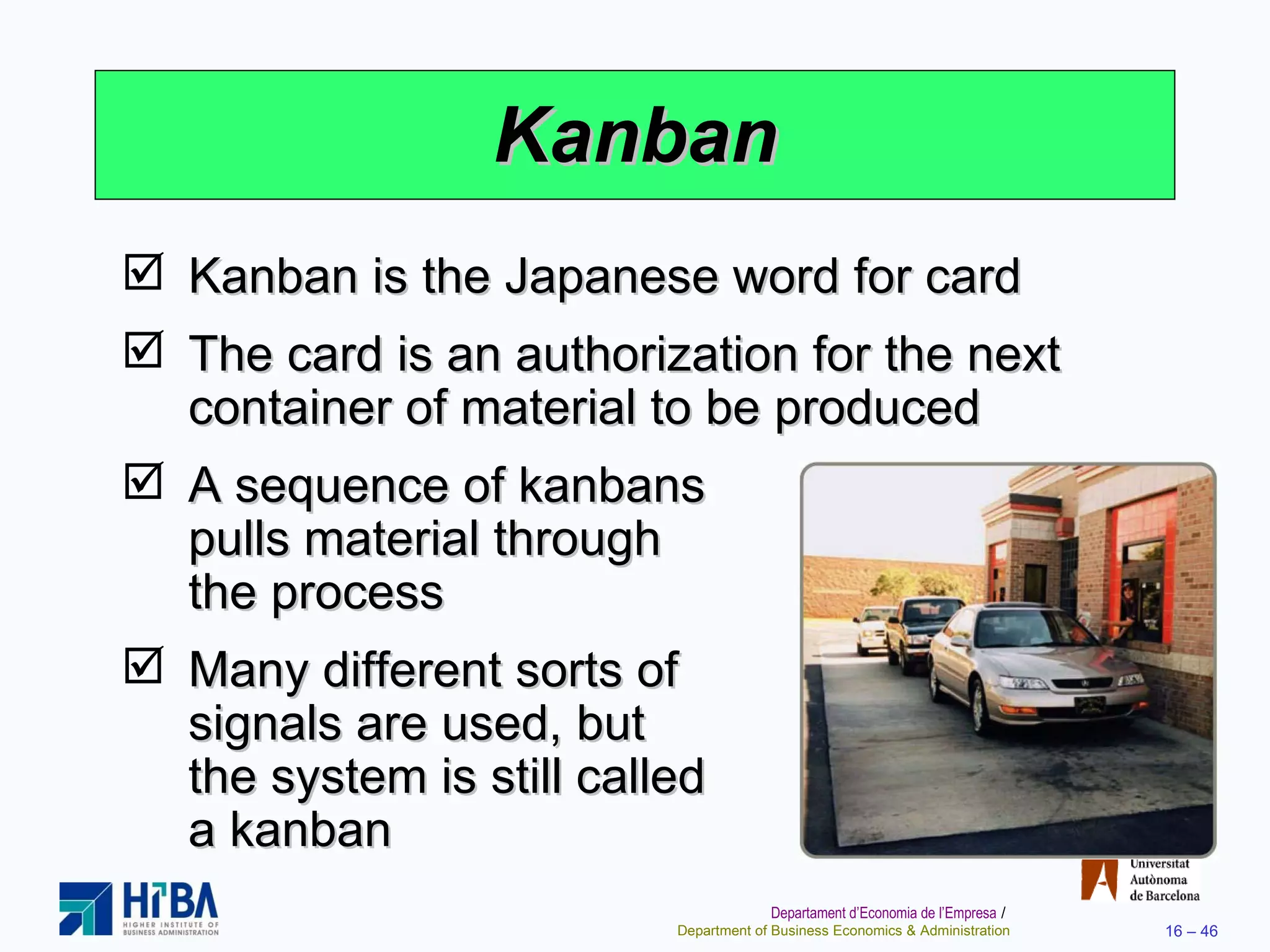 Kanban Kanban is the Japanese word for card The card is an authorization for the next container of material to be produced A sequence of kanbans  pulls material through  the process Many different sorts of  signals are used, but  the system is still called  a kanban 